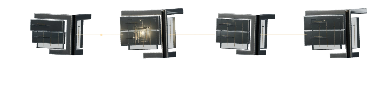 Quatre modules en acier et verre fumé, reliés par des connexions champagne.